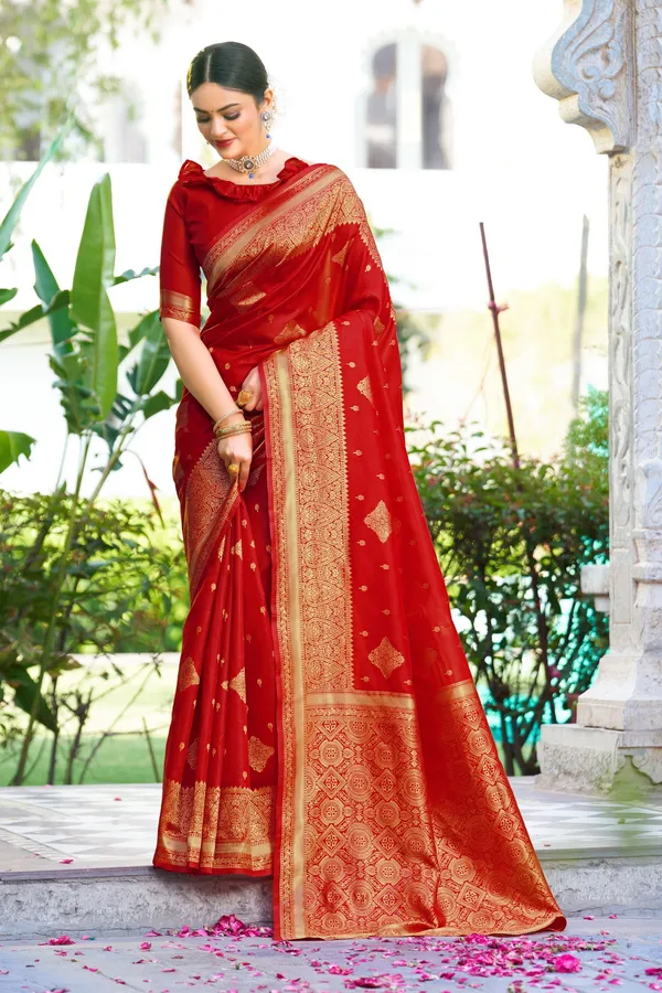 Red_Georgette_Banarasi_Jacquard_Woven_Motif_Saree_For_Women_|_With_Blouse_Piece