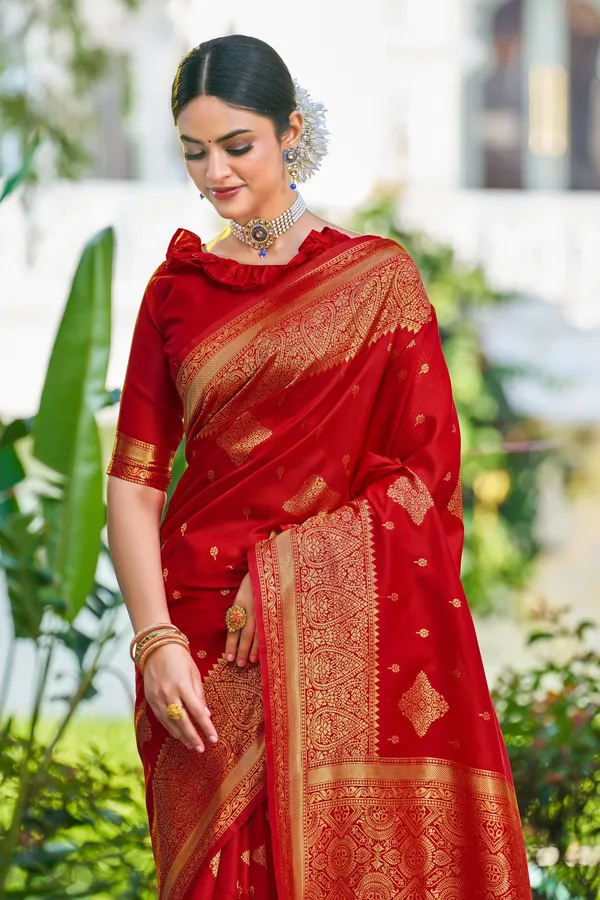 Red_Georgette_Banarasi_Jacquard_Woven_Motif_Saree_For_Women_|_With_Blouse_Piece