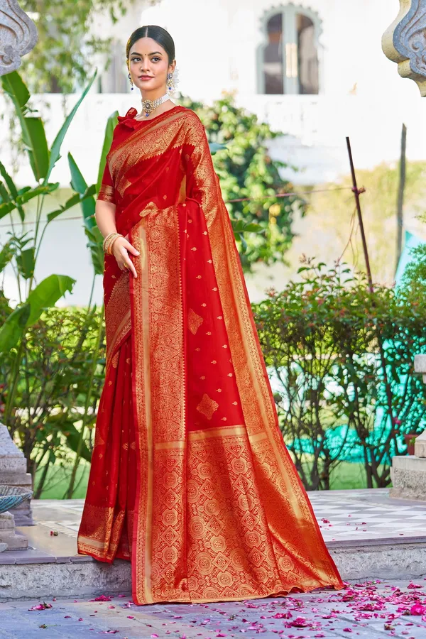 Red_Georgette_Banarasi_Jacquard_Woven_Motif_Saree_For_Women_|_With_Blouse_Piece
