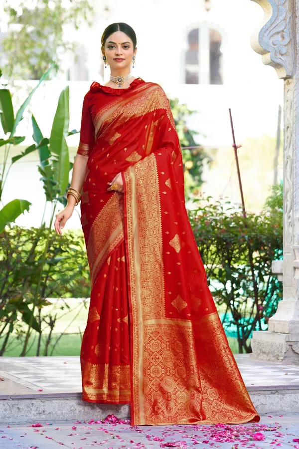 Red_Georgette_Banarasi_Jacquard_Woven_Motif_Saree_For_Women_|_With_Blouse_Piece