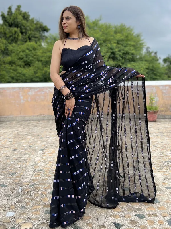 Black_Georgette_Sequin_Embroidered_Saree_For_Women_|_With_Blouse_Piece