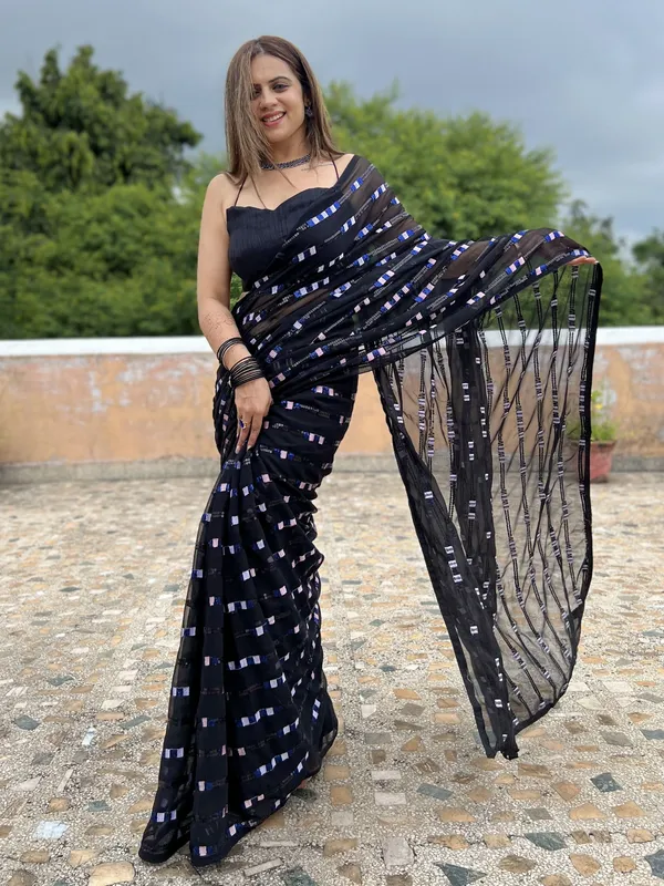 Black_Georgette_Sequin_Embroidered_Saree_For_Women_|_With_Blouse_Piece