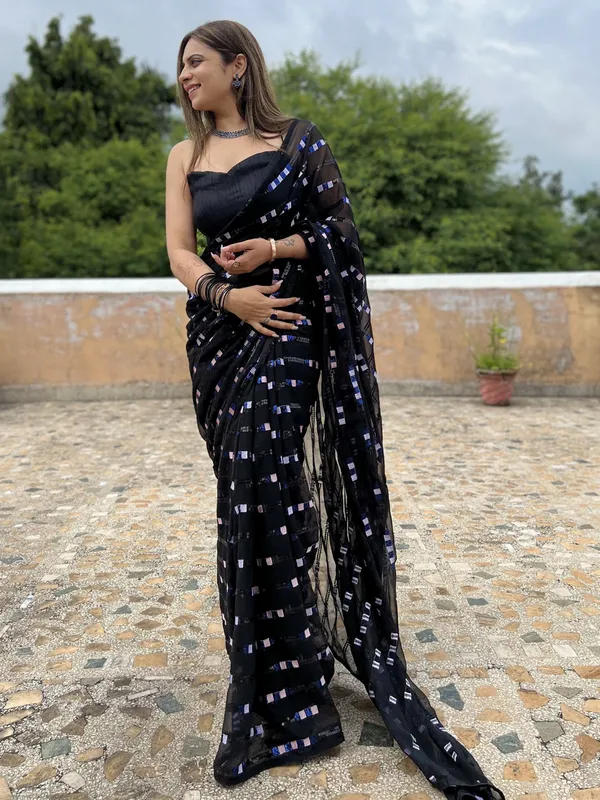 Black_Georgette_Sequin_Embroidered_Saree_For_Women_|_With_Blouse_Piece