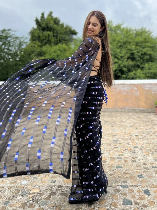Black_Georgette_Sequin_Embroidered_Saree_For_Women_|_With_Blouse_Piece