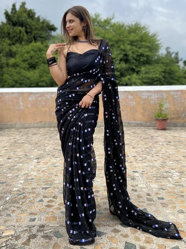 Black_Georgette_Sequin_Embroidered_Saree_For_Women_|_With_Blouse_Piece
