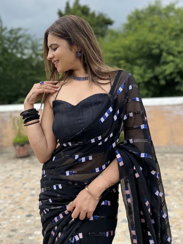 Black_Georgette_Sequin_Embroidered_Saree_For_Women_|_With_Blouse_Piece