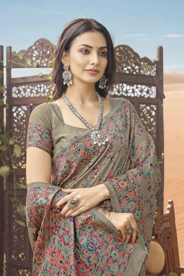Grey_Kalamkari_Jacquard_Silk_Blend_Woven_Saree_For_Women_|_With_Blouse_Piece