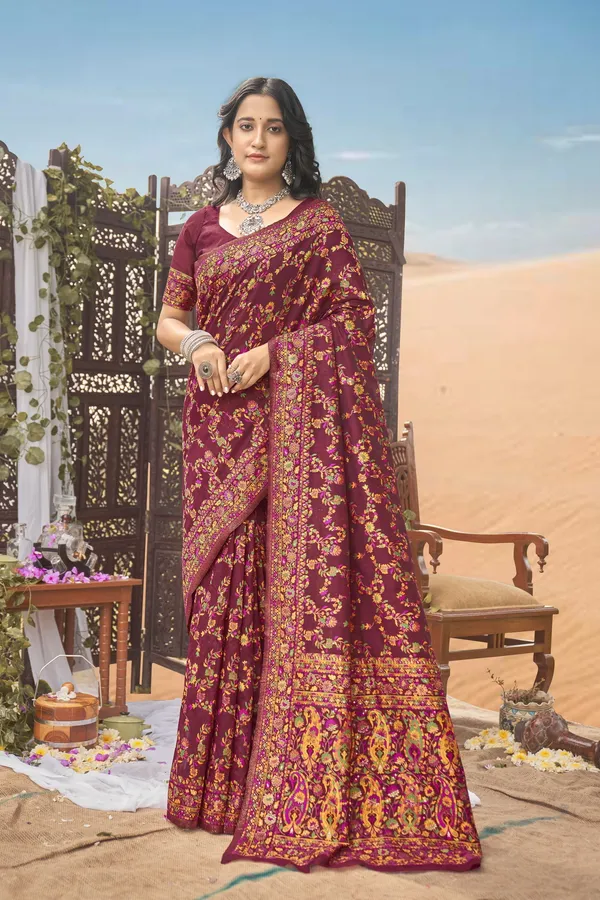 Maroon_Silk_Blend_Kalamkari_Jacquard_Meenakari_Woven_Saree_For_Women_|_With_Blouse_Piece