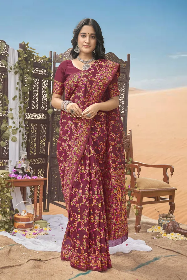 Maroon_Silk_Blend_Kalamkari_Jacquard_Meenakari_Woven_Saree_For_Women_|_With_Blouse_Piece