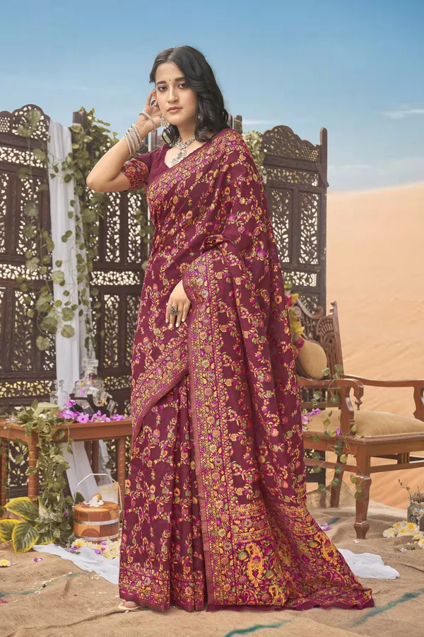 Maroon_Silk_Blend_Kalamkari_Jacquard_Meenakari_Woven_Saree_For_Women_|_With_Blouse_Piece