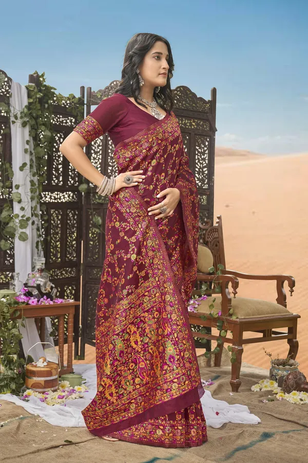 Maroon_Silk_Blend_Kalamkari_Jacquard_Meenakari_Woven_Saree_For_Women_|_With_Blouse_Piece