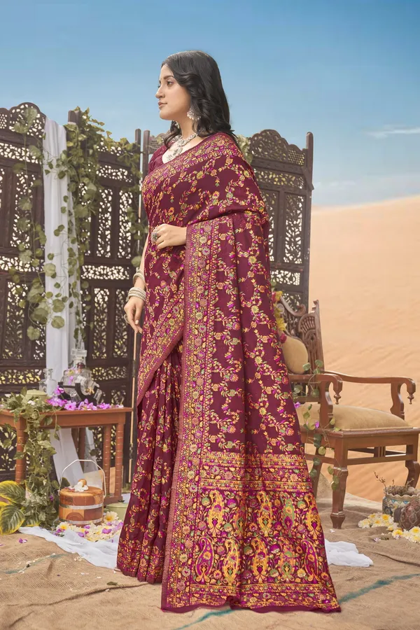 Maroon_Silk_Blend_Kalamkari_Jacquard_Meenakari_Woven_Saree_For_Women_|_With_Blouse_Piece
