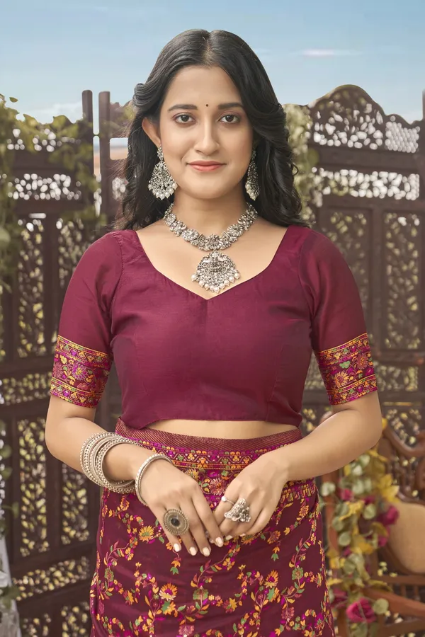 Maroon_Silk_Blend_Kalamkari_Jacquard_Meenakari_Woven_Saree_For_Women_|_With_Blouse_Piece