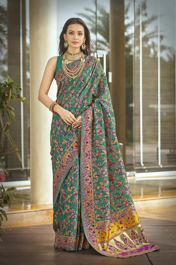 Light_Green_Silk_Blend_Jacquard_Meenakari_Jaal_Woven_Saree_For_Women_|_With_Blouse_Piece