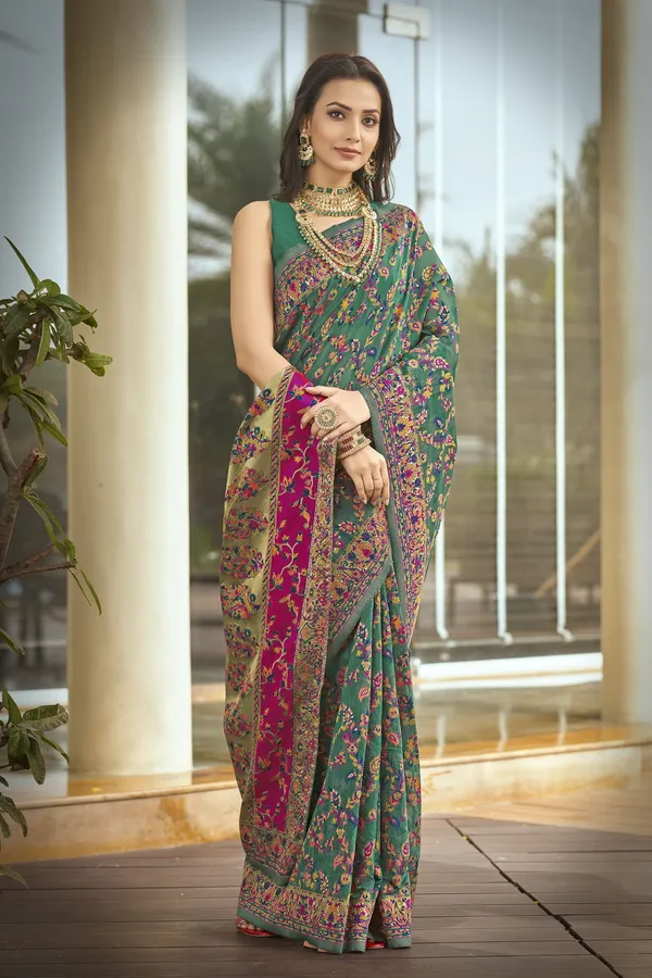 Light_Green_Silk_Blend_Jacquard_Meenakari_Jaal_Woven_Saree_For_Women_|_With_Blouse_Piece