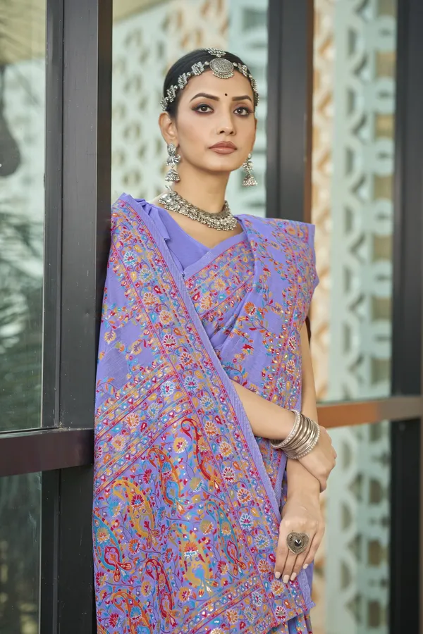 Lavender_Georgette_Kalamkari_Jacquard_Meenakari_Silk_Saree_For_Women_|_With_Blouse_Piece