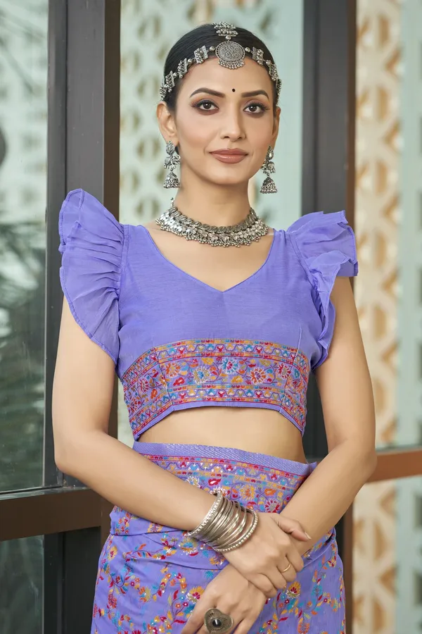 Lavender_Georgette_Kalamkari_Jacquard_Meenakari_Silk_Saree_For_Women_|_With_Blouse_Piece