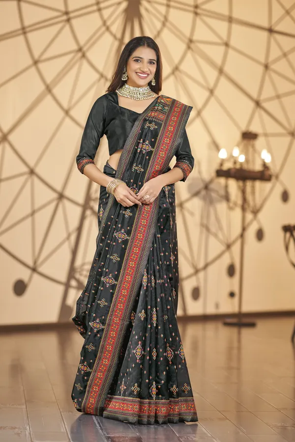 Black_Organza_Woven_Kanjivaram_Jacquard_Meenakari_Saree_For_Women_|_With_Blouse_Piece
