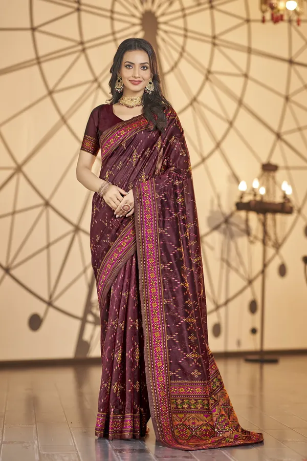 Maroon_Organza_Jacquard_Meenakari_Ikat_Woven_Saree_For_Women_|_With_Blouse_Piece