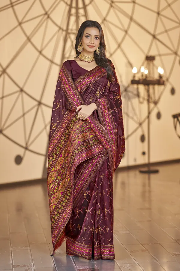 Maroon_Organza_Jacquard_Meenakari_Ikat_Woven_Saree_For_Women_|_With_Blouse_Piece