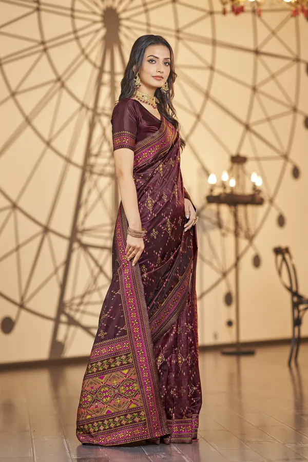 Maroon_Organza_Jacquard_Meenakari_Ikat_Woven_Saree_For_Women_|_With_Blouse_Piece