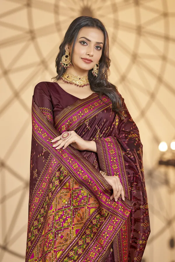Maroon_Organza_Jacquard_Meenakari_Ikat_Woven_Saree_For_Women_|_With_Blouse_Piece