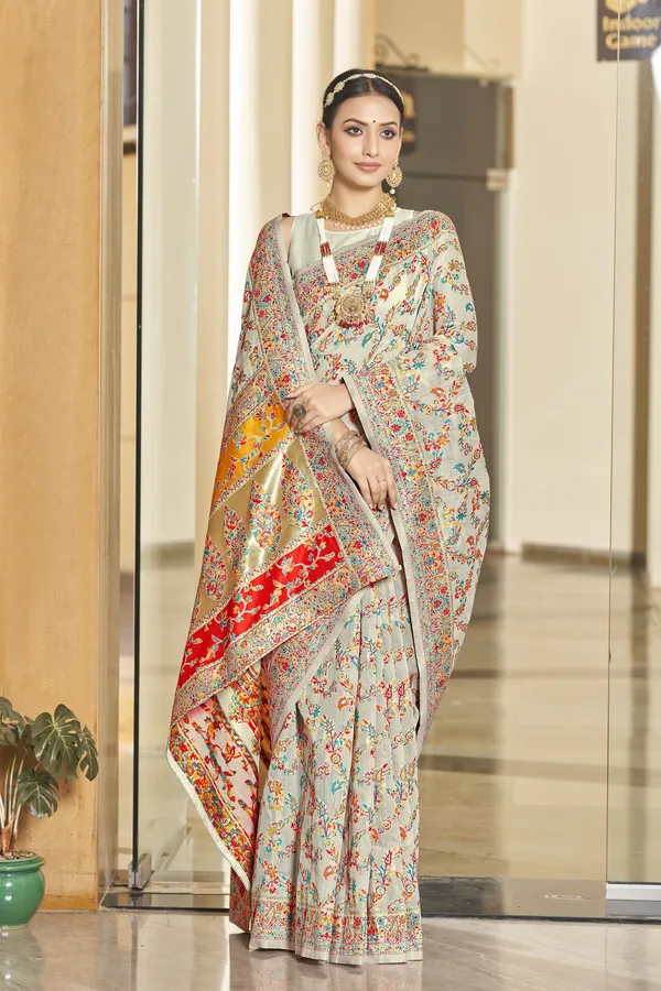 Beige_Georgette_Kalamkari_Jacquard_Silk_Blend_Woven_Saree_For_Women_|_With_Blouse_Piece