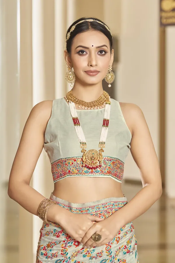 Beige_Georgette_Kalamkari_Jacquard_Silk_Blend_Woven_Saree_For_Women_|_With_Blouse_Piece