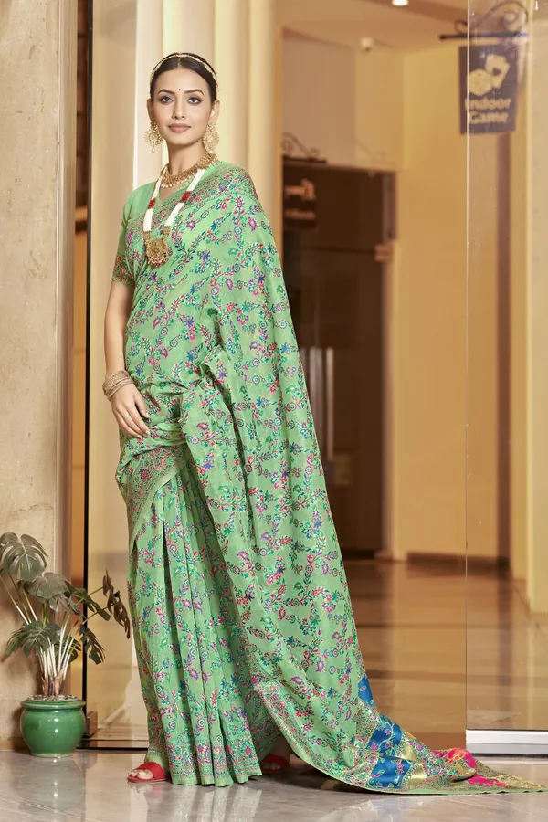 Light_Green_Kalamkari_Jacquard_Silk_Blend_Woven_Saree_For_Women_|_With_Blouse_Piece
