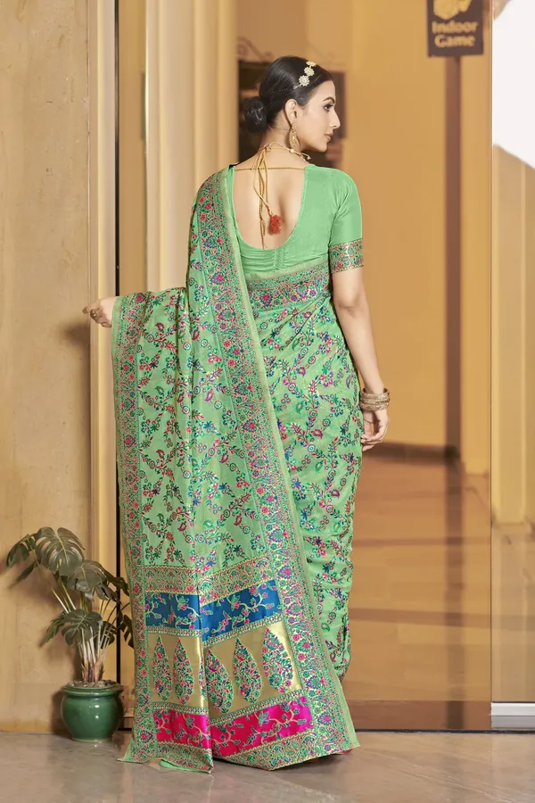 Light_Green_Kalamkari_Jacquard_Silk_Blend_Woven_Saree_For_Women_|_With_Blouse_Piece