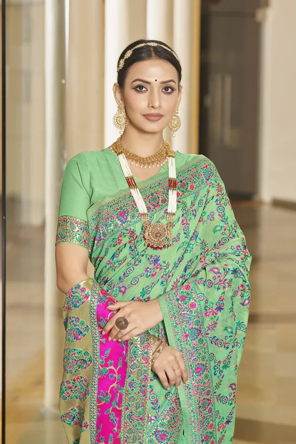 Light_Green_Kalamkari_Jacquard_Silk_Blend_Woven_Saree_For_Women_|_With_Blouse_Piece
