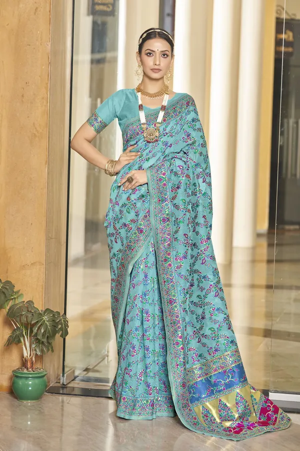 Light_Blue_Georgette_Jacquard_Woven_Kalamkari_Silk_Blend_Saree_For_Women_|_With_Blouse_Piece