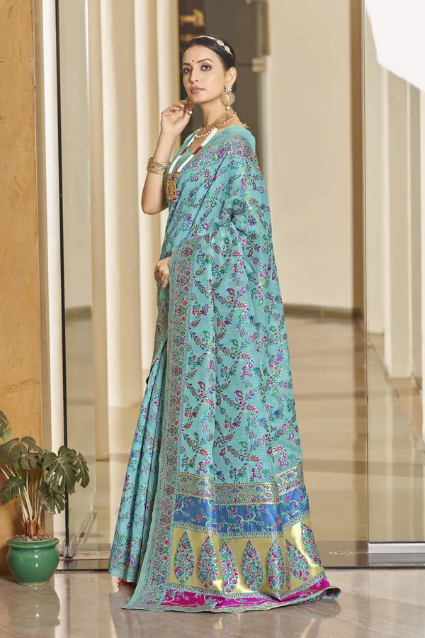 Light_Blue_Georgette_Jacquard_Woven_Kalamkari_Silk_Blend_Saree_For_Women_|_With_Blouse_Piece