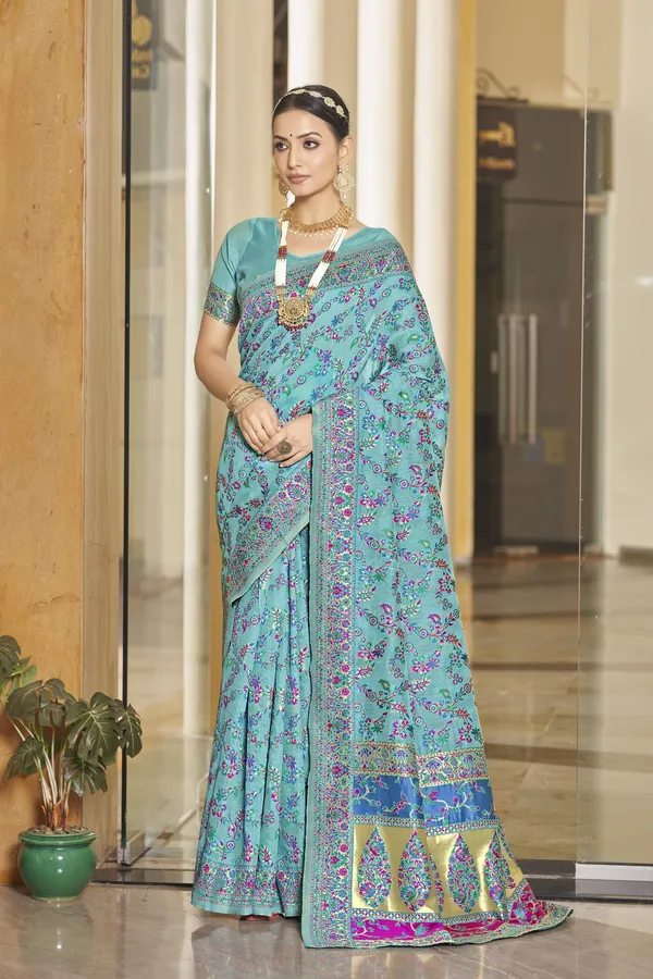 Light_Blue_Georgette_Jacquard_Woven_Kalamkari_Silk_Blend_Saree_For_Women_|_With_Blouse_Piece