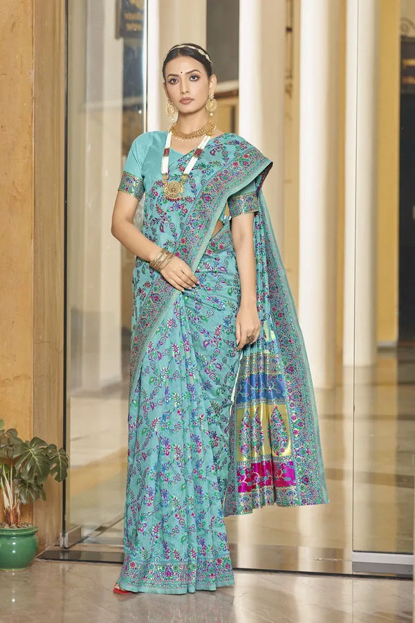Light_Blue_Georgette_Jacquard_Woven_Kalamkari_Silk_Blend_Saree_For_Women_|_With_Blouse_Piece
