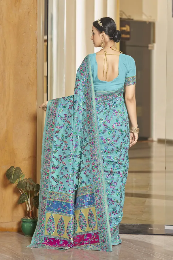 Light_Blue_Georgette_Jacquard_Woven_Kalamkari_Silk_Blend_Saree_For_Women_|_With_Blouse_Piece