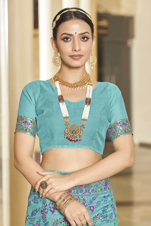Light_Blue_Georgette_Jacquard_Woven_Kalamkari_Silk_Blend_Saree_For_Women_|_With_Blouse_Piece