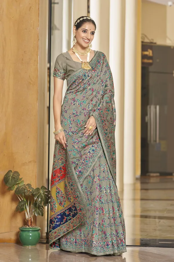 Grey_Banarasi_Jacquard_Silk_Blend_Kalamkari_Woven_Saree_For_Women_|_With_Blouse_Piece