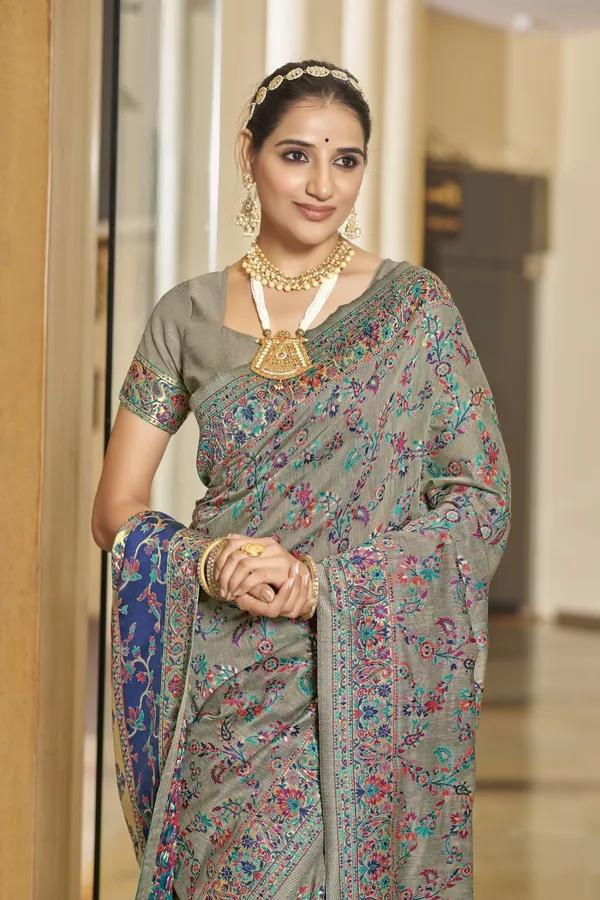 Grey_Banarasi_Jacquard_Silk_Blend_Kalamkari_Woven_Saree_For_Women_|_With_Blouse_Piece