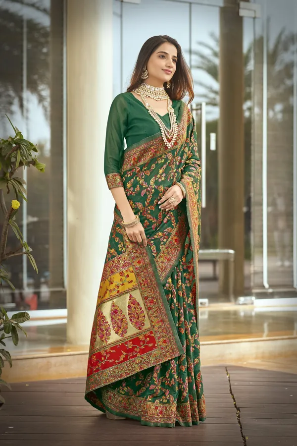 Green_Georgette_Kalamkari_Jacquard_Silk_Blend_Woven_Saree_For_Women_|_With_Blouse_Piece