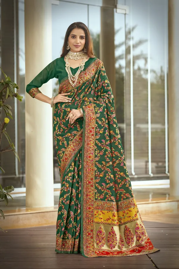 Green_Georgette_Kalamkari_Jacquard_Silk_Blend_Woven_Saree_For_Women_|_With_Blouse_Piece