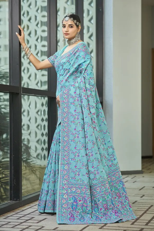 Light_Blue_Kalamkari_Jacquard_Silk_Blend_Woven_Saree_For_Women_|_With_Blouse_Piece
