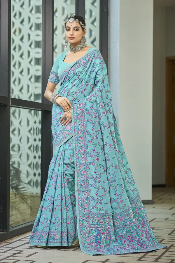 Light_Blue_Kalamkari_Jacquard_Silk_Blend_Woven_Saree_For_Women_|_With_Blouse_Piece