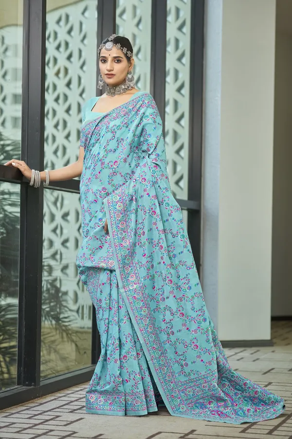 Light_Blue_Kalamkari_Jacquard_Silk_Blend_Woven_Saree_For_Women_|_With_Blouse_Piece