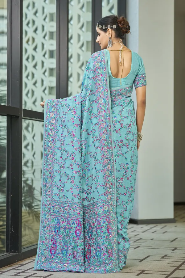 Light_Blue_Kalamkari_Jacquard_Silk_Blend_Woven_Saree_For_Women_|_With_Blouse_Piece
