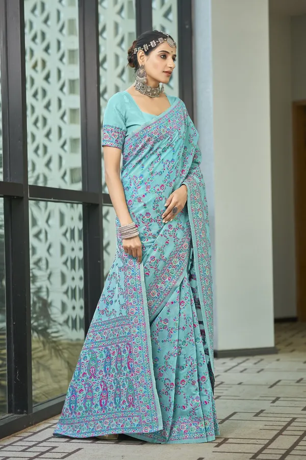 Light_Blue_Kalamkari_Jacquard_Silk_Blend_Woven_Saree_For_Women_|_With_Blouse_Piece