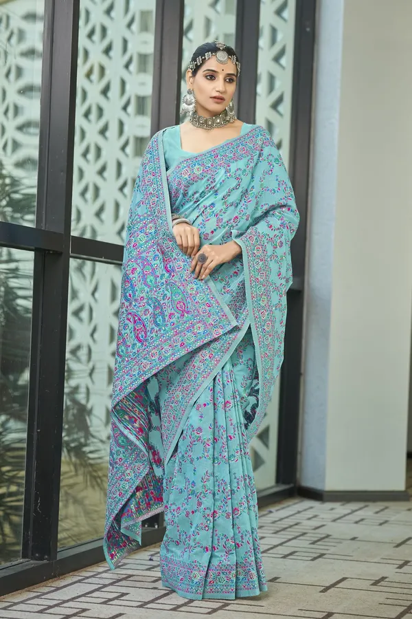 Light_Blue_Kalamkari_Jacquard_Silk_Blend_Woven_Saree_For_Women_|_With_Blouse_Piece