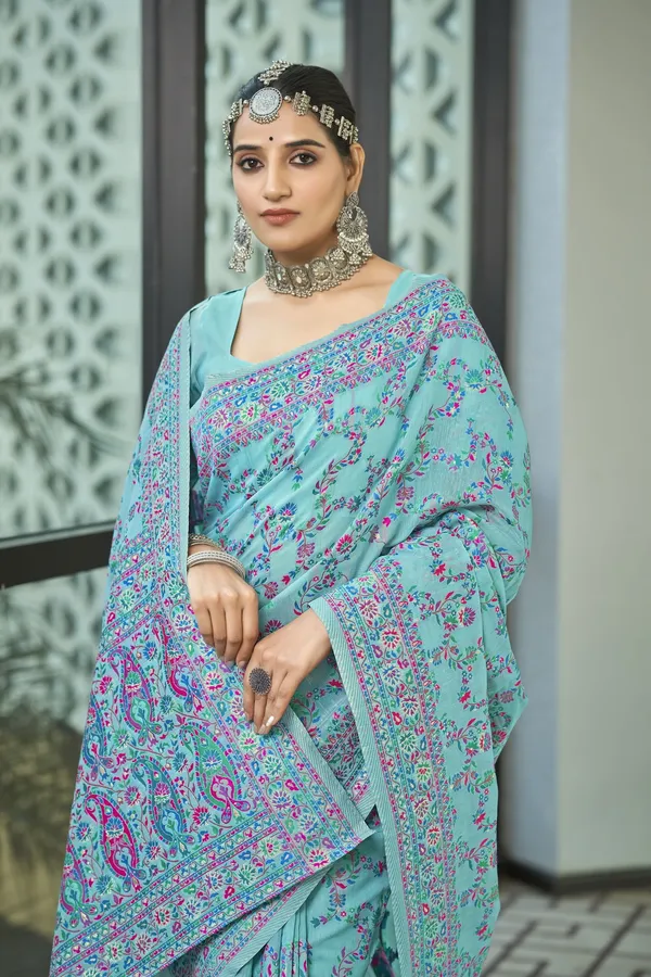 Light_Blue_Kalamkari_Jacquard_Silk_Blend_Woven_Saree_For_Women_|_With_Blouse_Piece