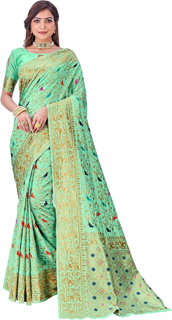 Light_Green_Banarasi_Silk_Blend_Jacquard_Kalamkari_Woven_Saree_For_Women_|_With_Blouse_Piece