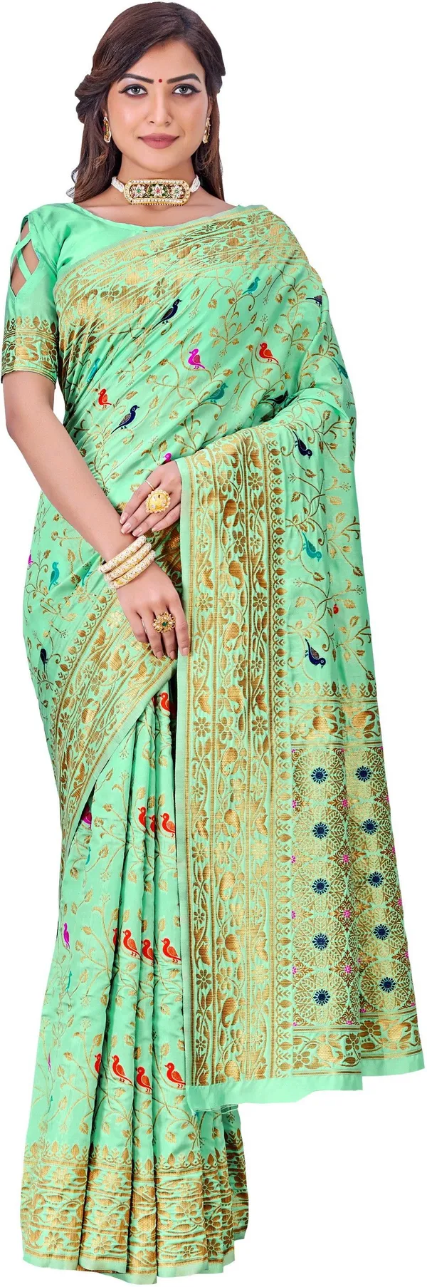 Light_Green_Banarasi_Silk_Blend_Jacquard_Kalamkari_Woven_Saree_For_Women_|_With_Blouse_Piece